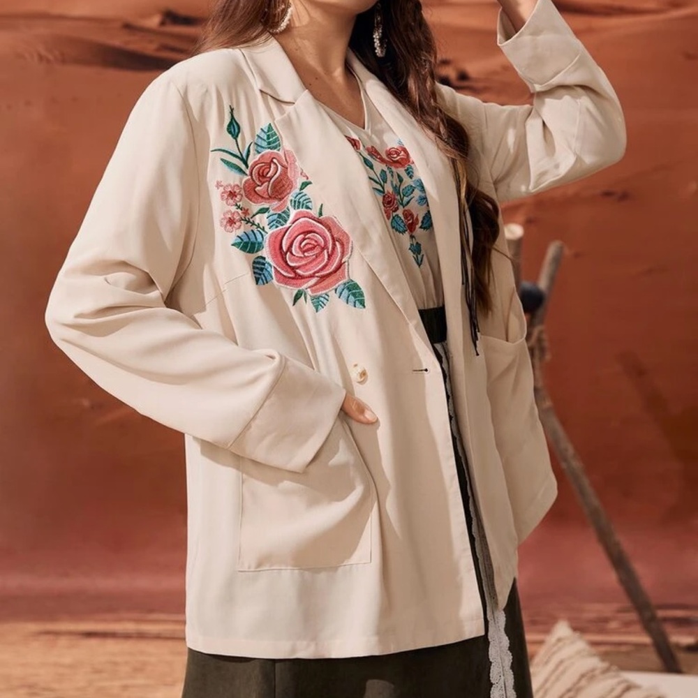 SHEIN Cream Blazer with Floral Embroidery